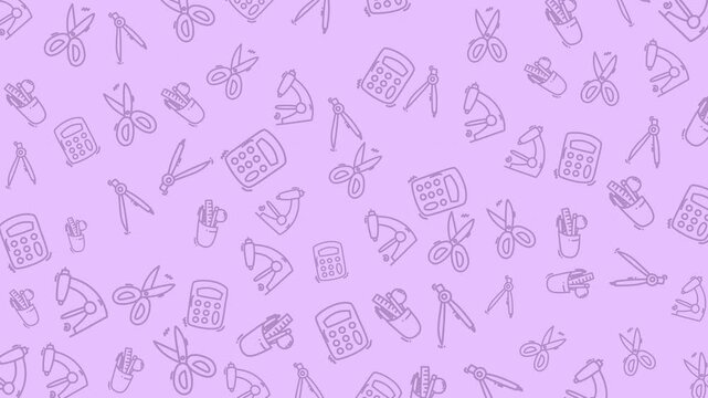 Pattern office. Lavender background with office supply doodles suitable for stationery, business presentations, and educational materials, adding creativity and professionalism.