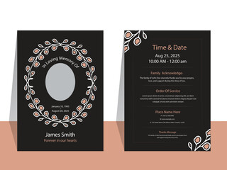 Elegant Black and Gold Floral Funeral Program Event Invitation Template