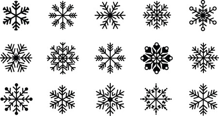 Collection of decorative winter snowflake icons featuring detailed geometric shapes, symmetrical designs, frosty patterns, and festive seasonal elements for holiday graphics