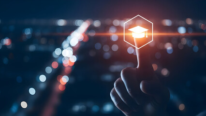 Finger touches graduation cap icon over blurred city lights symbolizing education choices