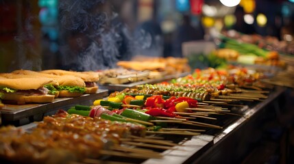 Savory street food skewers tantalize with vibrant colors and a warm inviting market atmosphere