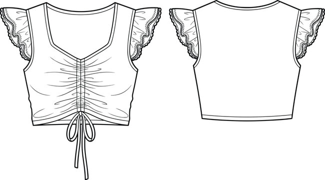 Women&rsquo;s crop top technical fashion sketch, ruched front, lace ruffle sleeves, V-neckline, cad drawing flat vector illustration design