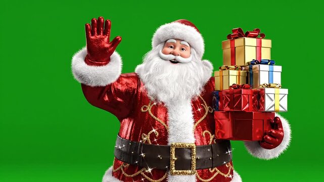 Jolly Santa Claus waving hello and holding a stack of festive gift boxes, ready for Christmas celebration