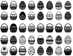 Black and white illustration of decorated Easter eggs in baskets