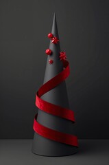 Festive black cone with red ribbon and decoration