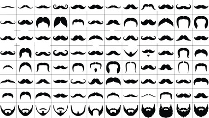 Fototapeta premium Massive Vector Collection of Black Mustache and Beard Silhouettes, Including Various Styles and Shapes, Facial Hair, Men's Fashion, Barbershop, Grooming, Vintage Look, and Hipster Accessories.