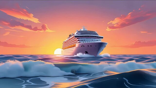 Colorful 2D Cartoon Cruise Ship Sailing Smoothly Across Ocean Waves Under Vibrant Sunset Sky Animation