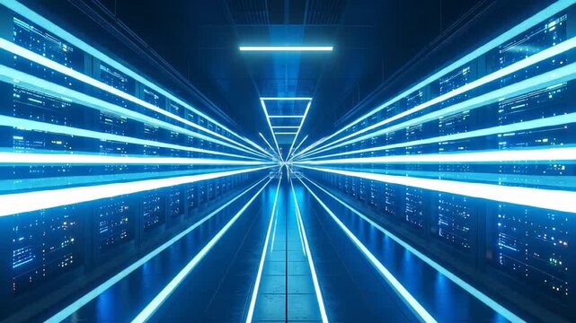 A perspective view of a high-tech data center, with lines of neon blue light leading to a point