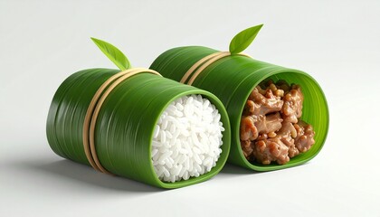 Two portions of rice and meat wrapped in banana leaves, presented with a sustainable and natural aesthetic