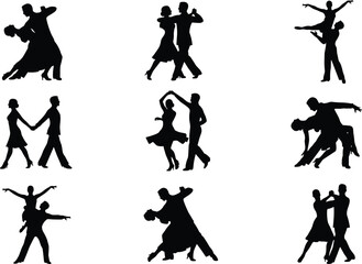 Set of Couples Dancing Silhouettes in Dynamic Ballroom and Latin Poses for Romantic, Elegant, and Event Design Vector