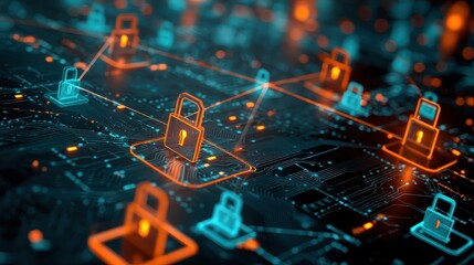 A digital network representation showcasing padlocks, symbolizing cybersecurity and data protection in a connected environment.