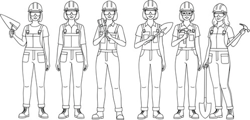 Female construction worker vector set, women in hard hats outline illustration, builder character collection, handyman tools, professional labor concept design