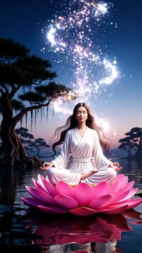 Meditation practice at tranquil lake. Woman sits on pink lotus flower, surrounded by nature. Evening calm creates peaceful atmosphere, promoting mindfulness in vertical shot.