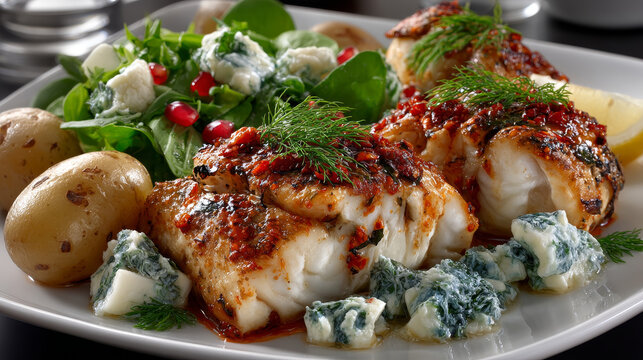 Delicious fillets of pollock or coalfish cooked in a spicy marinade and served with fresh salad and baby potatoes as a seafood appetizer to dinner