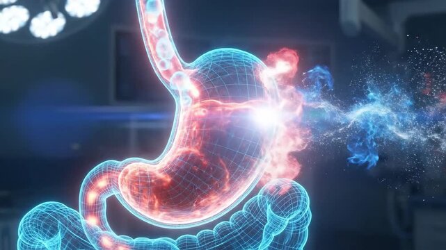 3D medical animation showing a stomach with digestive problem and bubbling fluids