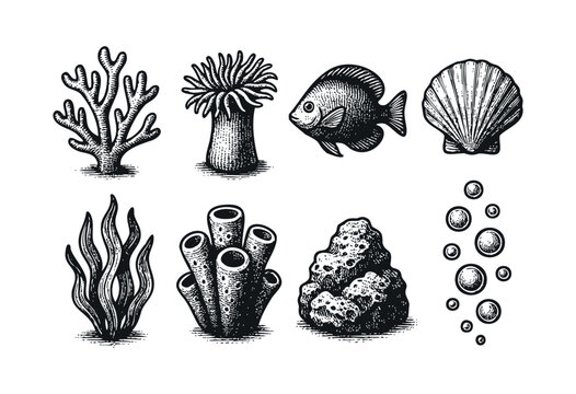 A collection of hand-drawn vintage style marine life elements including coral, fish, shell, anemone, seaweed, sponge, rock, and bubbles in black and white etching art &mdash; stock vector.