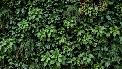 Obraz premium Close-up view of a green wall with various plants and leaves in full bloom, showcasing natural beauty and tranquility