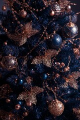 Decorated Christmas tree with golden ornaments