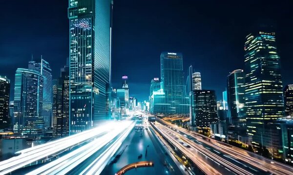 Bangunan tinggi dan lalu lintas pusat kota di malam hari yang bersinar oleh lampu 
