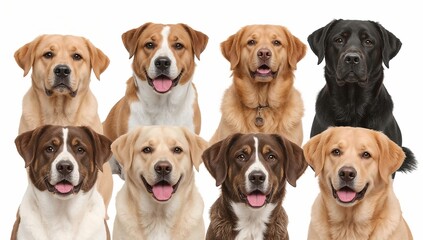 Fototapeta premium a collection of eight dogs of various breeds, looking straight at the camera with different expressions