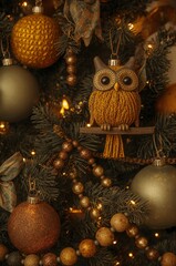 Christmas Tree Decorations Owl Ornament and Golden Baubles