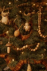 Christmas tree with rustic ornaments and warm lighting