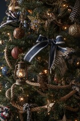 Decorated Christmas tree with ornaments, rope and lantern