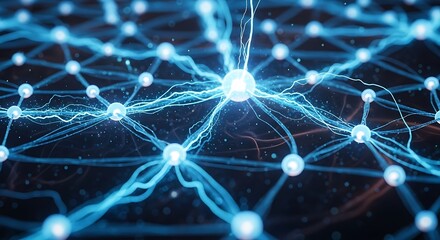 Glowing interconnected nodes transmit electrical impulses across a complex digital network structure