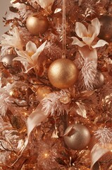 Christmas tree with gold ornaments and magnolia flowers