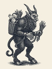 Krampus with basket of children vintage engraving vector illustration