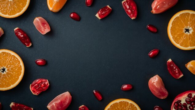 Fresh and colorful fruit arrangement on a dark surface. The image showcases slices of oranges, red grapefruit segments, and pomegranate seeds - Powered by Adobe