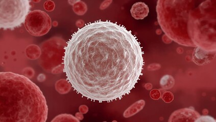 Close-up view of a white blood cell surrounded by red blood cells, depicting a microscopic world of biology and health