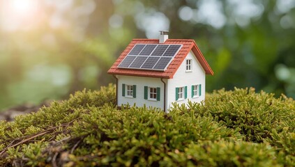 a miniature house with solar panels on its roof sits atop a bed of moss, showcasing eco-friendly energy