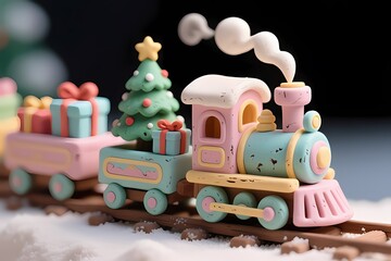 Macro Clay Model Christmas Train Set Pastel Illustration.