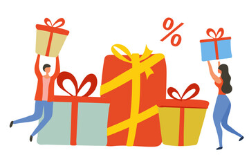 Online reward and gifts, people receive gift boxes, Referral program concept