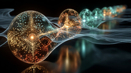 Quantum Entanglement concept with particles and energy flow, entangled particles 3d rendering