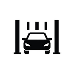 Minimalist black icon showing a car entering a service bay, car wash, or inspection area
