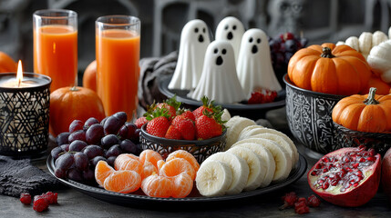 Healthy Fruit Halloween Treats made into Banana Ghosts and Clementine Orange Pumpkins