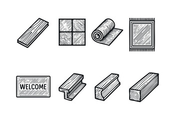 A collection of hand-drawn engraving style icons featuring various construction and home improvement elements like wood planks, tiles, rugs, lumber, and a welcome mat &mdash; stock vector.