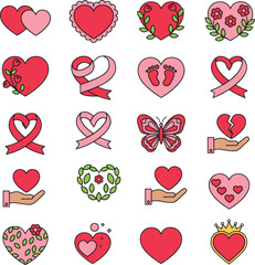  Heart Icons Collection &mdash; Love, Care, and Awareness Ribbon Vector Set