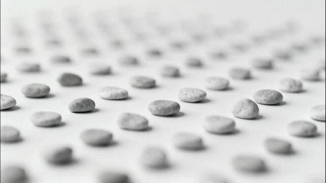 rows of small gray pebbles arranged in perfect order on a white surface