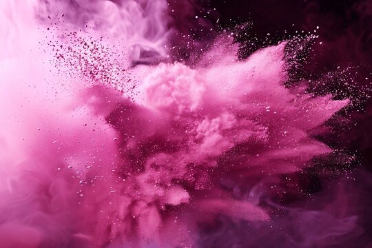Pink cosmetic powder explosion on dark background freeze motion