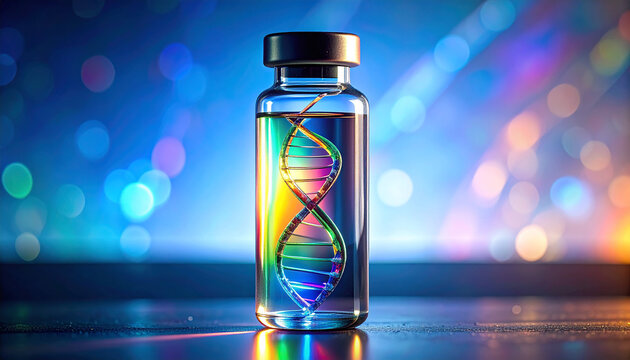 Genetic Blueprint in a Vial: A glass vial containing a luminous DNA strand, symbol of genetic code, is showcased. Illuminated with vibrant bokeh.