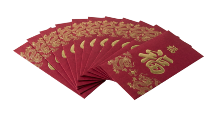 PNG cut out isolated background. An overhead studio shot of a fanned arrangement of red Chinese envelopes, also known as Hong Bao or Ang Pao.