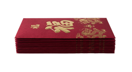 PNG cut out isolated background. A side-angle studio shot of a stack of red Chinese envelopes, known as Hong Bao.