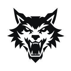 Fototapeta premium Fierce black and white snarling wolf head mascot logo design isolated on white background