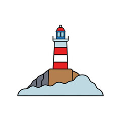 Nautical lighthouse towering over a blue sky and sea coastline for safe navigation and a brilliant beacon of light