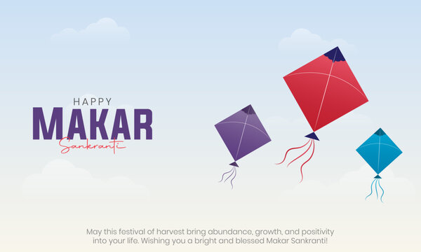Happy Makar Sankranti Banner and Greeting Card. Indian Festival of Harvest Creative Background with Flying Kites Vector Illustration
