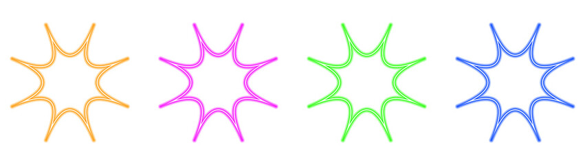 Fototapeta premium Set of eight-pointed starbursts and speech bubbles in neon style, glow effect, cartoon burst with light, isolated on transparent background