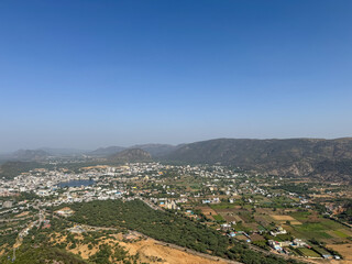 Fototapeta premium View of Pushkar sarovar surrounded by the city from Savitiri temple located on a hill of Aravalli Range